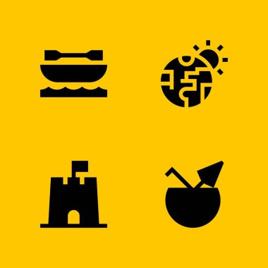 Yaz Icon set. grafik tasarım ve web için küresel ısınma, kayak ve kum kale vektör simgesi