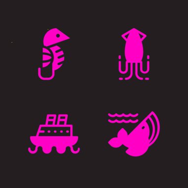 su Icon set. Seahorse ile balina ve kalamar vektör grafik tasarım ve web için simgeleri