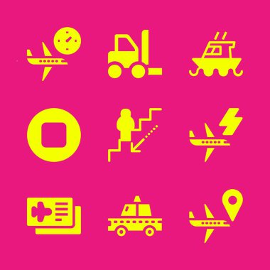 taşıma simge kümesi. Uçak, grafik tasarım ve web için durdurmak ve Uçak Bilet vektör simgeleri ile