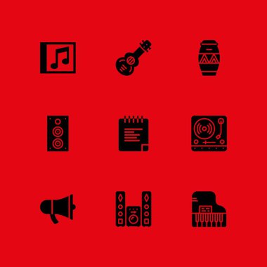 müzik Icon set. grafik tasarım ve web için hoparlör, davul ve pikap vektör simge