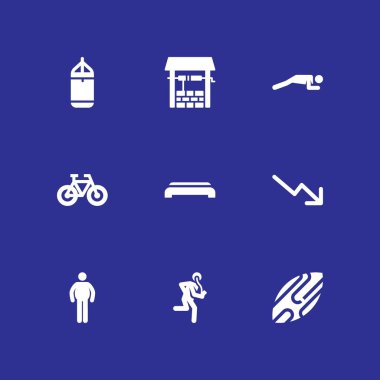 Fitness Icon set. grafik tasarım ve web için skimboard, şişmanlık ve kum torbası vektör simge