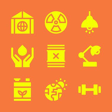 enerji Icon set. İle küresel ısınma, grafik tasarım ve web için atık ve Resepsiyon lambası vektör simgeleri
