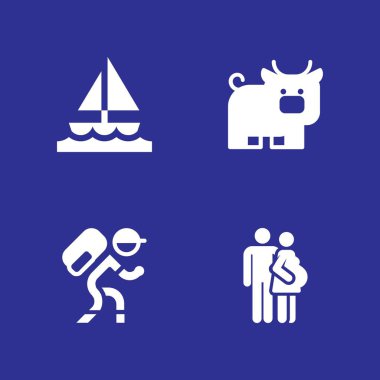 4 Doğa simgesi ile Aile, yürüyüş ve boğa vektör çizim grafik tasarım ve web için ayarla