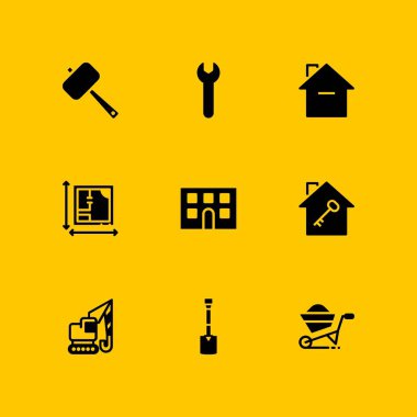İnşaat Icon set. grafik tasarım ve web için el arabası, çekiç ve plan vektör simge