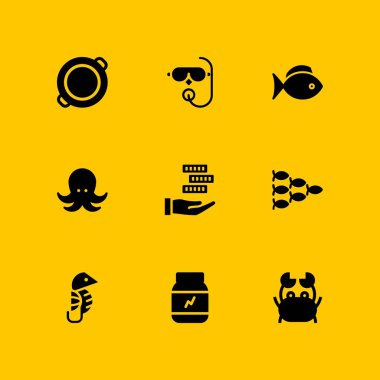 Icon set balık. Yengeç, proteinler ve grafik tasarım ve web için tüplü dalış vektör simge