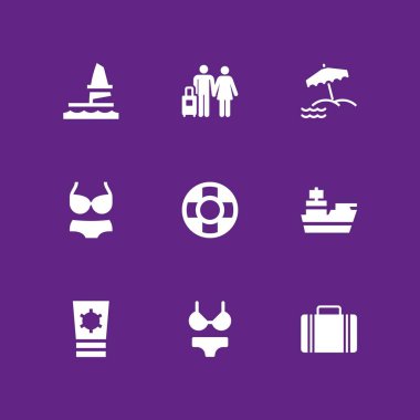 Plaj simge seti. Windsurf, Güneş kremi ve tatiller için grafik tasarım ve web simge vektör