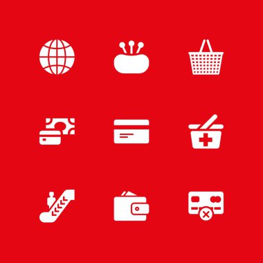Alışveriş Icon set. yürüyen merdivenle, grafik tasarım ve web için internet ve m-cüzdan vektör simge