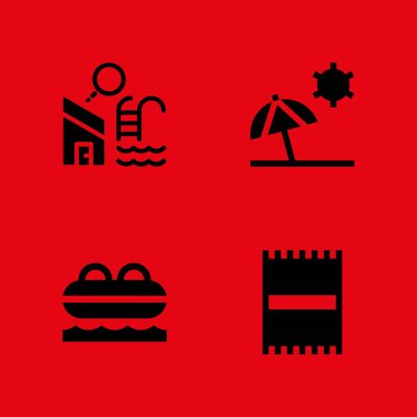 Plaj simge seti. Plaj havlusu, cankurtaran ve grafik tasarım ve web için yüzme havuzu vektör simge