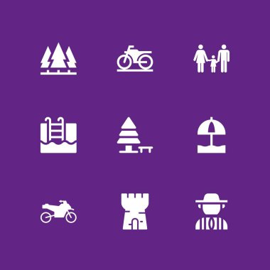 9 güneş simgesi güneş şemsiyesi, kule ve grafik tasarım ve web için motosiklet vektör çizim seti