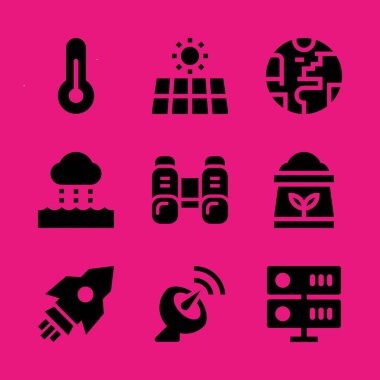 Bilim Icon set. Güneş enerjisi ile uydu çanağı ve termometre vektör grafik tasarım ve web için simgeleri