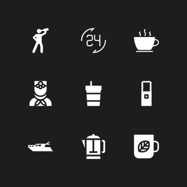 9 içki simgesi, içkiyle seti yat ve saat gösterim amacıyla grafik tasarım ve web vektör