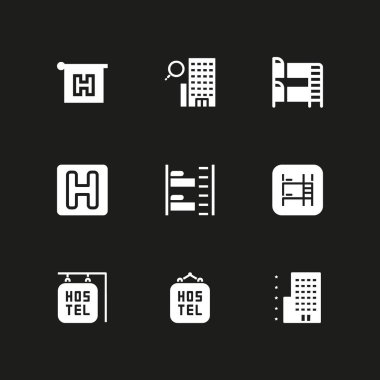9 hostel simgesi ile grafik tasarım ve web için ranza, otel ve pansiyon vektör çizim seti