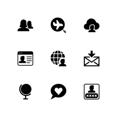 grafik tasarım ve web için bulut bilgi işlem, profil ve küre vektör çizim ile ayarla 9 ağ simgesini