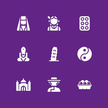 din Icon set. Tibet, yin yang ve grafik tasarım ve web için eğik pisa Kulesi vektör simgesi