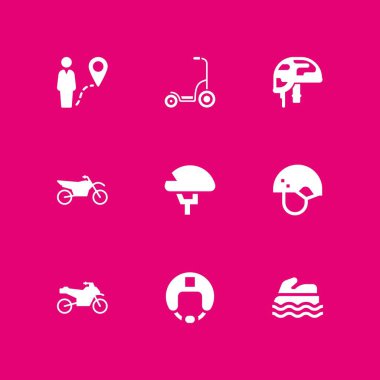 9 motosiklet simgesi ile grafik tasarım ve web için deniz scooter, motosiklet ve kask vektör çizim seti