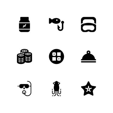 Icon set balık. grafik tasarım ve web için simge vektör yiyecek, proteinler ve kalamar