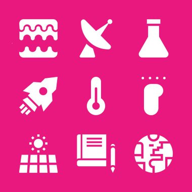 Bilim Icon set. Termometre, uydu anteni ve grafik tasarım ve web için güneş enerjisi vektör simgeleri