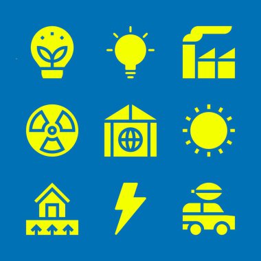 enerji Icon set. Şimşek, jeotermal enerji ve sera etkisi vektör grafik tasarım ve web için simgeleri
