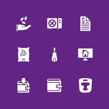 9 el simgesi ile grafik tasarım ve web için gayrimenkul, sözleşme ve m-cüzdan vektör çizim seti