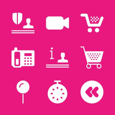 Icon set düğmesine basın. Video kamerayla, alışveriş sepeti ve Zamanlayıcı vektör simgeleri grafik tasarım ve web için