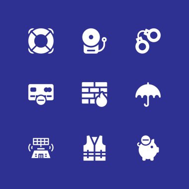 Güvenlik Icon set. can yeleği, kelepçe ve grafik tasarım ve web için yangın alarm vektör simge