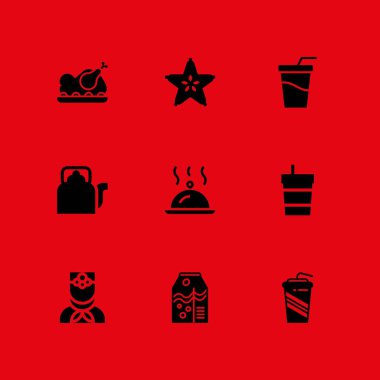 9 Icon set grafik tasarım ve web için su ısıtıcısı, Oda Servisi ve Kızartma tavuk vektör çizim ile iç