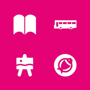 Okul Icon set. Balık, otobüs ve grafik tasarım ve web için açık bir kitap vektör simge