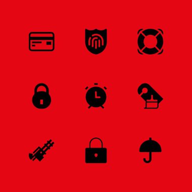 Güvenlik Icon set. grafik tasarım ve web için alarm, asma kilit ve şemsiye vektör simge
