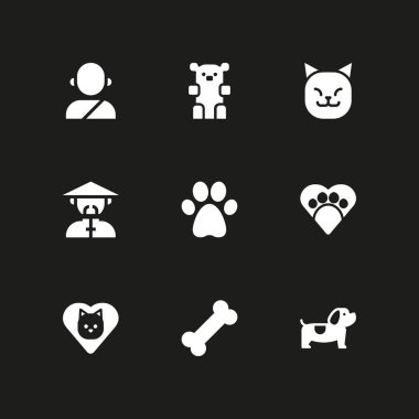 9 köpek simgesi ile grafik tasarım ve web için kedi, kemik ve pawprint vektör çizim seti