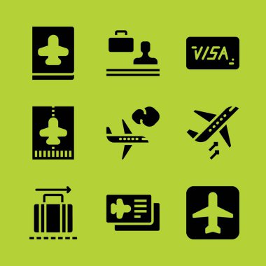 Havaalanı Icon set. Gidiş, Bagaj ve Uçak Bilet vektör simgeleri ile grafik tasarım ve web için