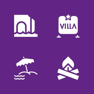 Plaj simge seti. grafik tasarım ve web için simge vektör şenlik ateşi, Deniz Mağarası ve villa