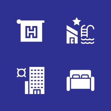 Hotel Icon set. grafik tasarım ve web için Yüzme Havuzu, Oda ve otel vektör simge