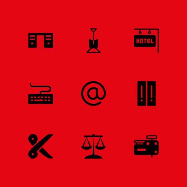 İş Icon set. grafik tasarım ve web için simge vektör arroba, çivi tabancası ve makas