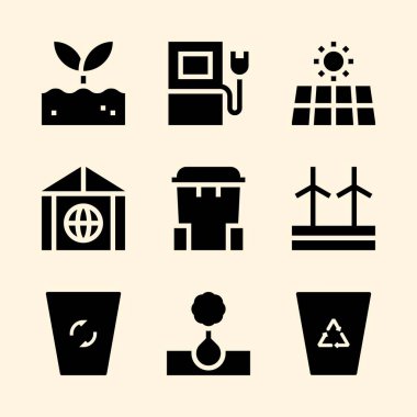 Çöp kutusu, güneş enerjisi, sera etkisi ve filiz simgeleri ayarlayın. Vektör grafik tasarım web ve uygulama için