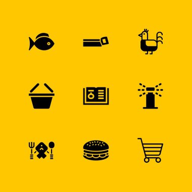 Gıda simge seti. tarifi, balık ve grafik tasarım ve web için alışveriş sepeti vektör simge