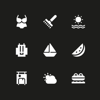 Yaz Icon set. grafik tasarım ve web için güneş, bavul ve mayo vektör simge