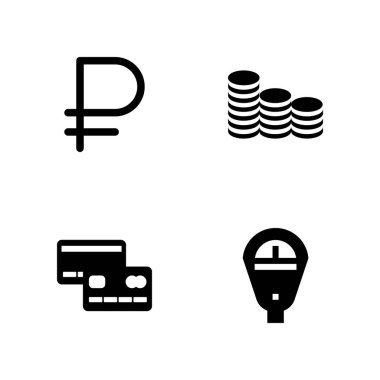 4 para simgesi ile kredi kartı, sikke ve grafik tasarım ve web için parkmetre vektör çizim seti