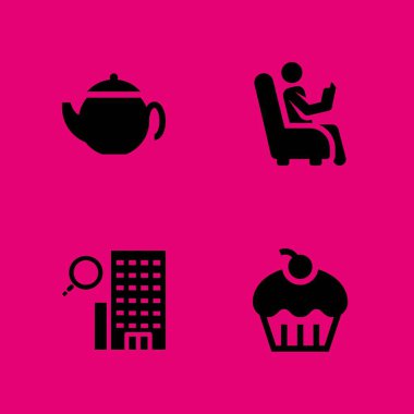 4 kahve simgesi ile grafik tasarım ve web için Çaydanlık, otel ve muffin vektör çizim seti