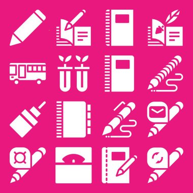 Okul Icon set. Tutkal, Açık kitap ve grafik tasarım ve web için otobüs vektör simgeleri