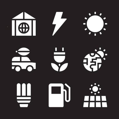 enerji Icon set. Sera etkisi, güneş enerjisi ve küresel ısınma vektör grafik tasarım ve web için simgeleri
