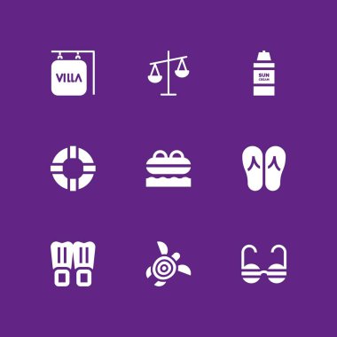 Plaj simge seti. grafik tasarım ve web için kaplumbağa, denge ve güneş krem vektör simge