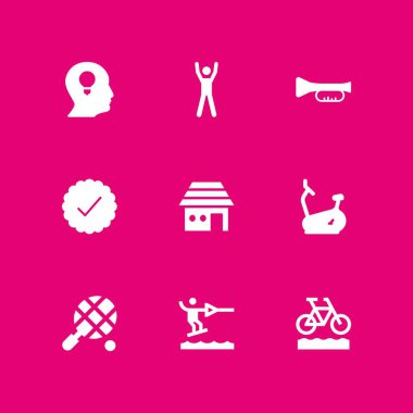 9 adam simgesi ile grafik tasarım ve web için ev, trompet ve egzersiz vektör çizim seti