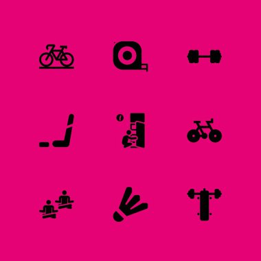Fitness Icon set. grafik tasarım ve web için bench press, badminton ve Bisiklet vektör simge