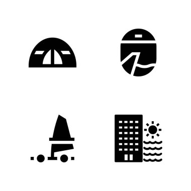 4 tatil simge kümesi ile çadır, otel ve grafik tasarım ve web için vektör çizim windsurf