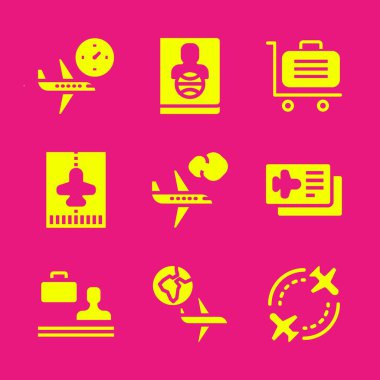 Havaalanı Icon set. İle Uçak Bilet, Bagaj ve uçak vektör grafik tasarım ve web için simgeleri