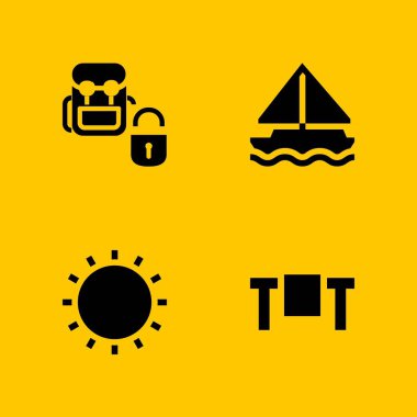 4 Doğa simgesi ile grafik tasarım ve web için sırt çantası, Güneş ve tablo vektör çizim seti