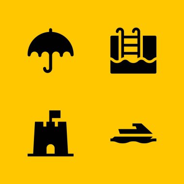 4 güneş simgesi ile grafik tasarım ve web için şemsiye, yüzme havuzu ve kum kale vektör çizim seti