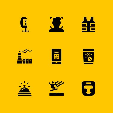 adam Icon set. Kullanıcı, kurşun geçirmez yelek ve grafik tasarım ve web için fabrika vektör simge