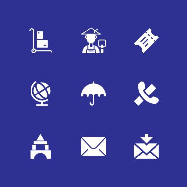 İş Icon set. Dünya dünya, telefonu kapat ve grafik tasarım ve web için vektör simge Bilet