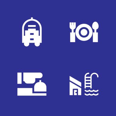 4 hotel Icon Restoran, resepsiyon ve yüzme havuzu vektör çizim grafik tasarım ve web için ayarla